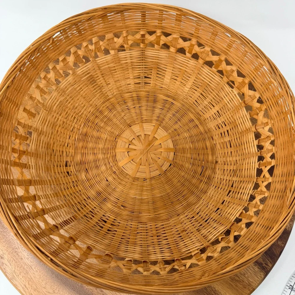 Vintage Woven Bamboo Round Basket Bowl Boho Decor 12 Inch